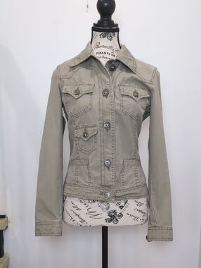 SANCRED |Women's Faded Olive/Tan Military Utility Button Up Relax Fit Jacket